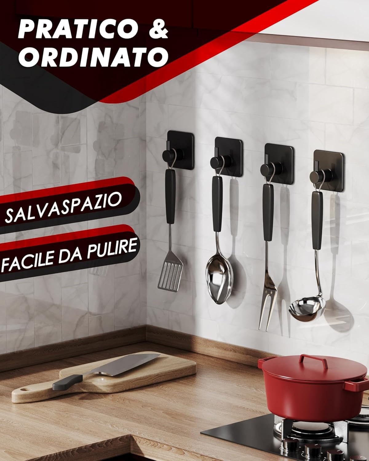 Auxmir Set 4 Ganci Adesivi acciaio inox neri 5kg