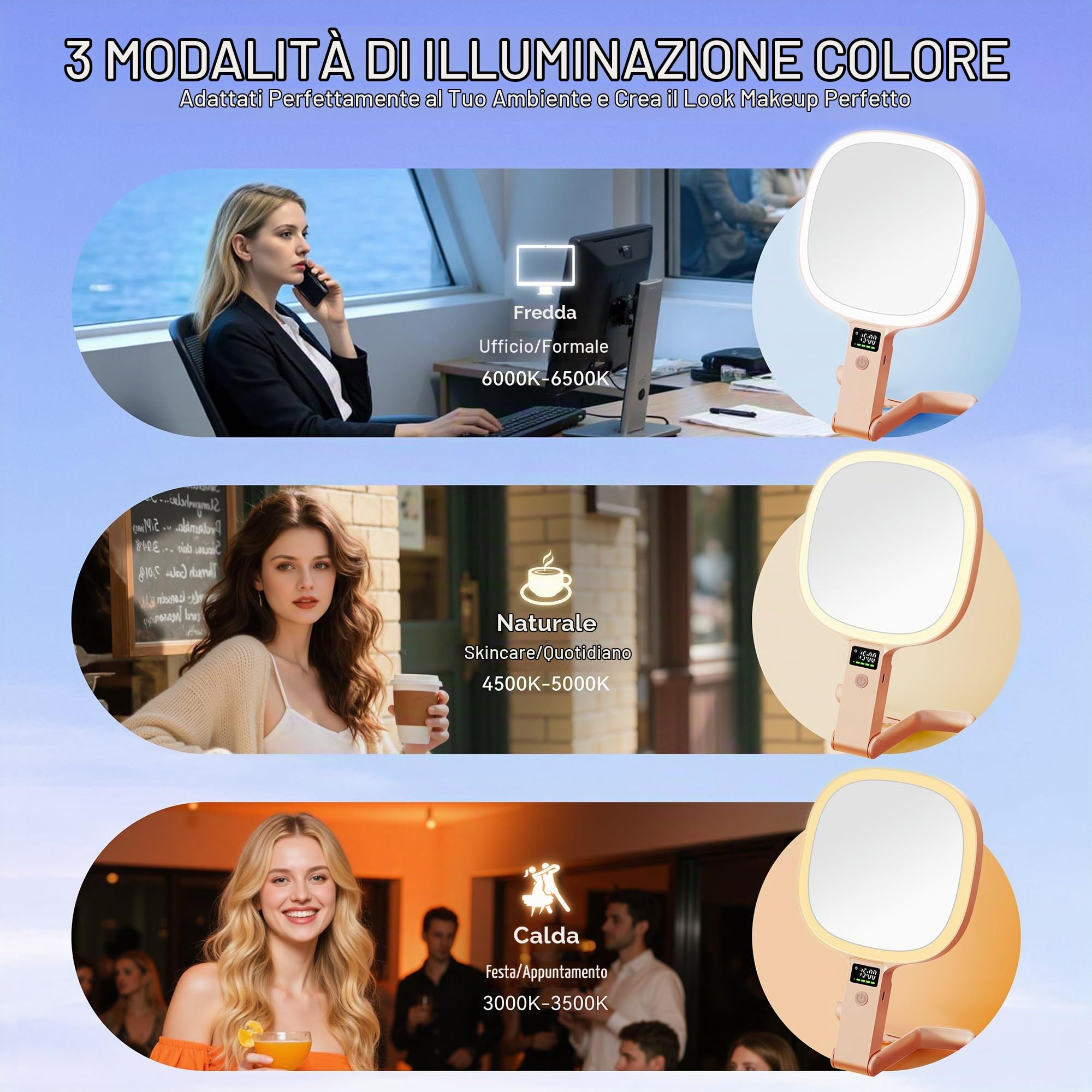 Auxmir Specchio Trucco LED 30X/1X Oro Rosa Ricaricabile