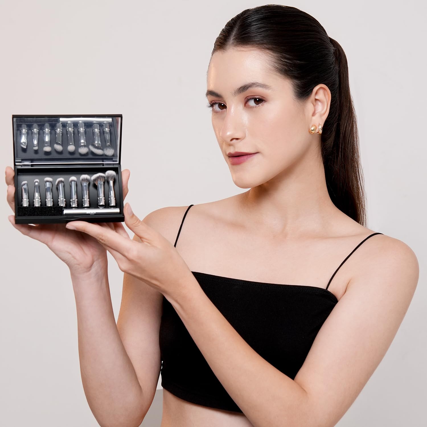 BEILI Set 8 Pennelli Trucco Viaggio Argento con Specchio