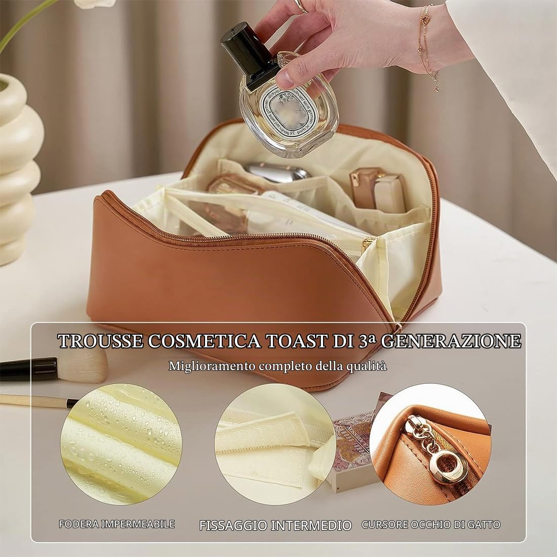SJBAUTYO Essentials Borsa Cosmetica Marrone Pelle PU