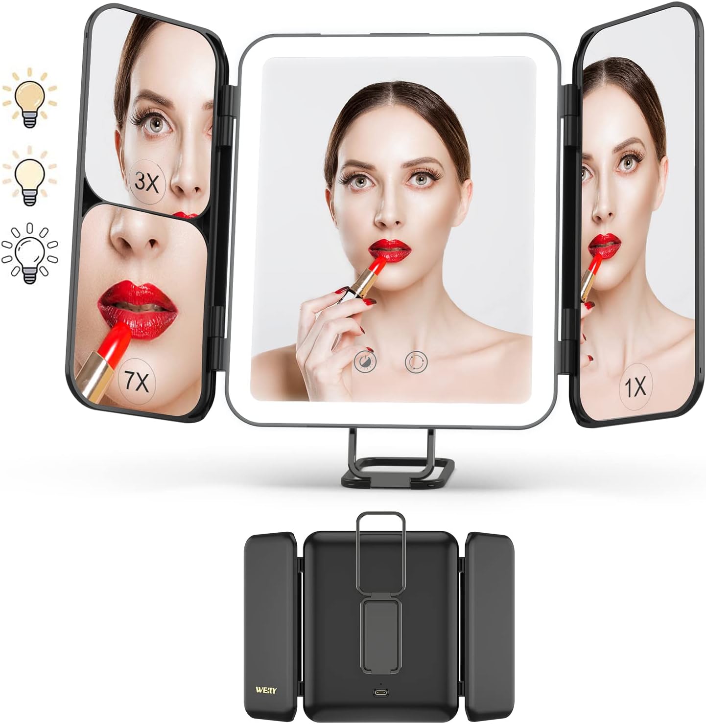 WEILY Specchio Trucco da Viaggio con Luci 1X 3X 7X Pieghevole
