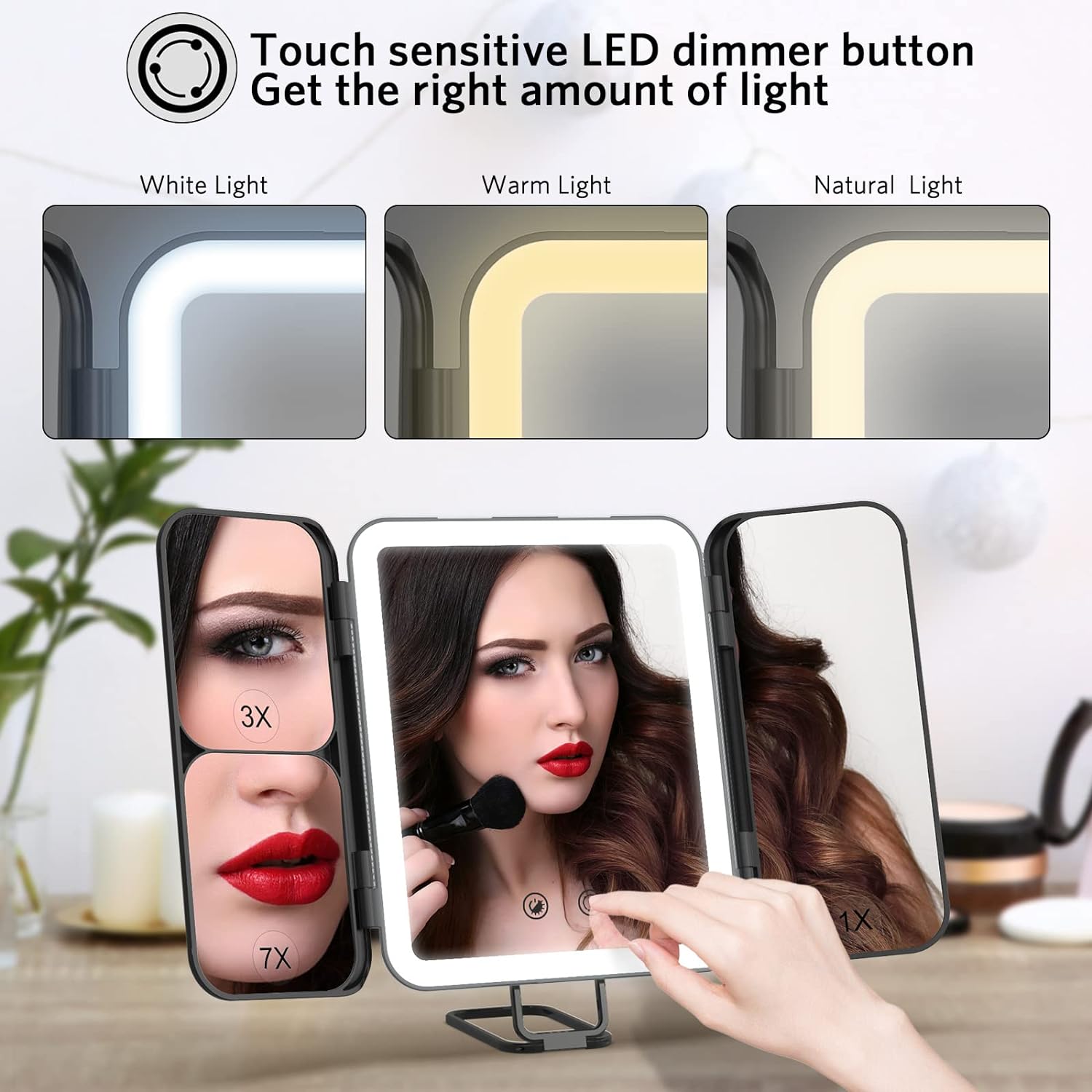 WEILY Specchio Trucco da Viaggio con Luci 1X 3X 7X Pieghevole