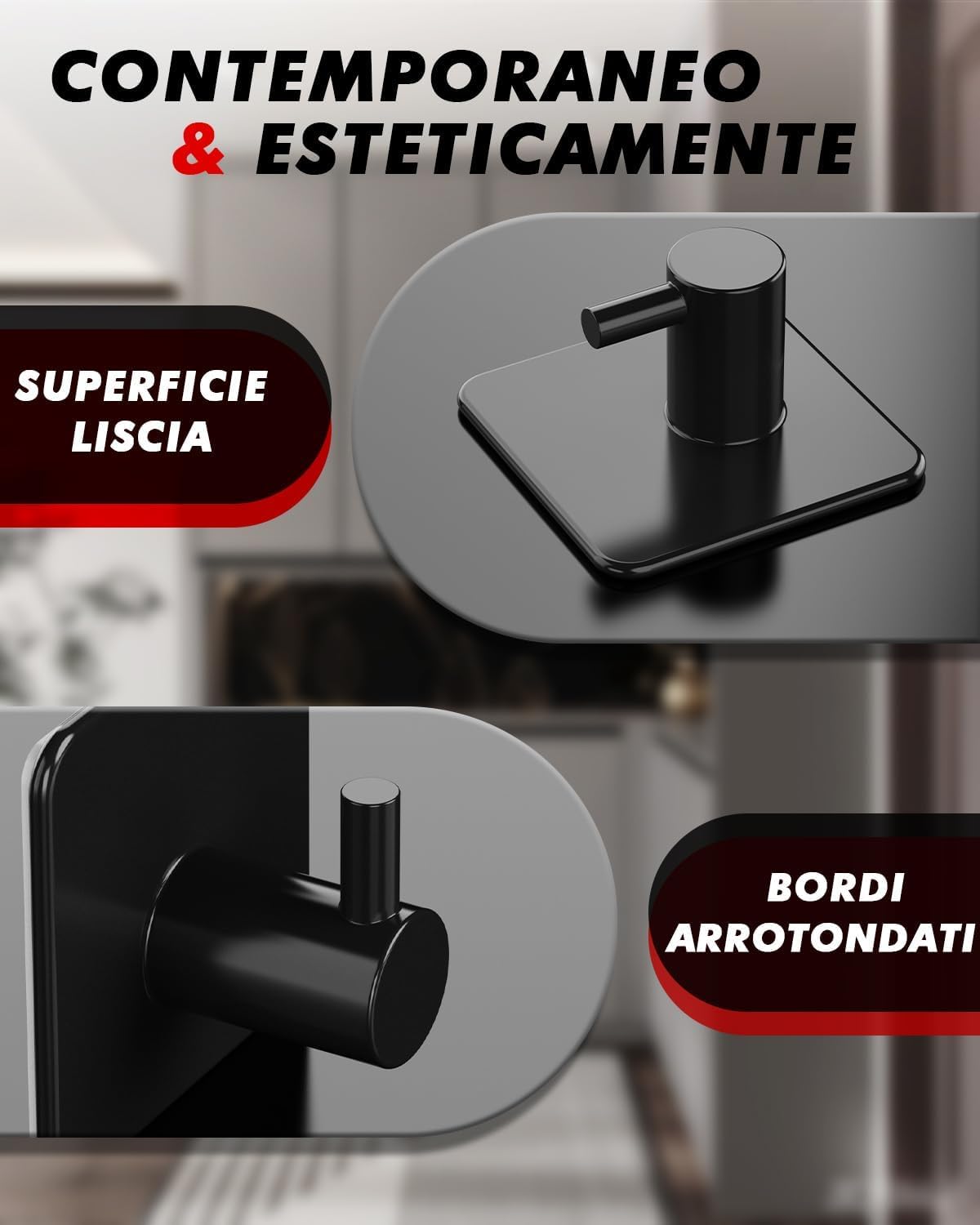 Auxmir Set 4 Ganci Adesivi acciaio inox neri 5kg