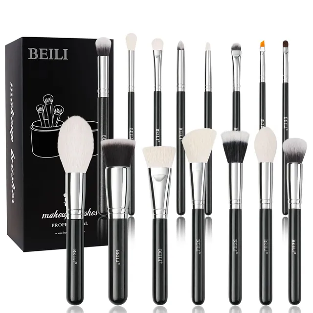 BEILI Set 15 Pennelli Trucco Pelo di Capra Nero