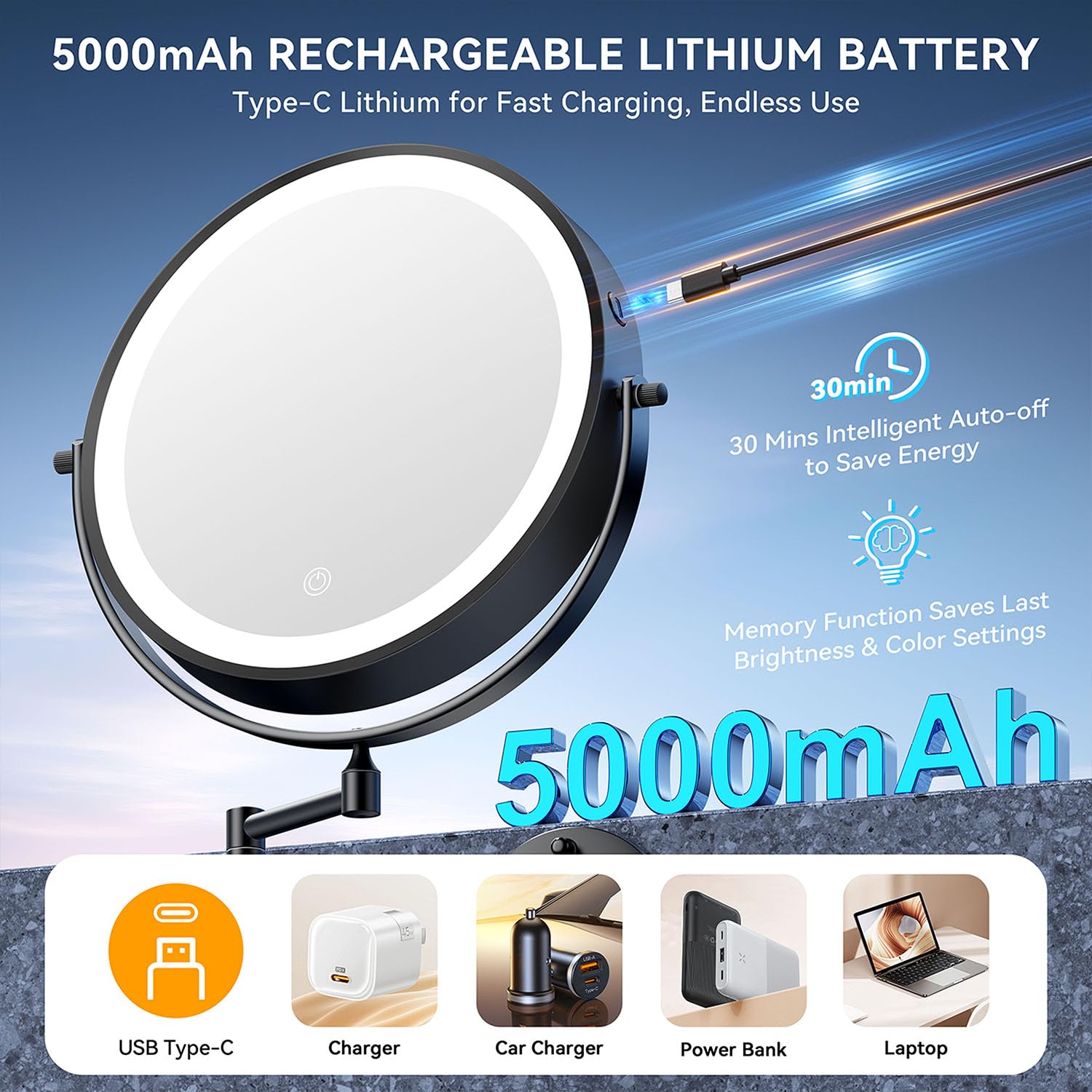 Auxmir Specchio Trucco 30X/1X Specchio da Parete Nero 25 cm LED