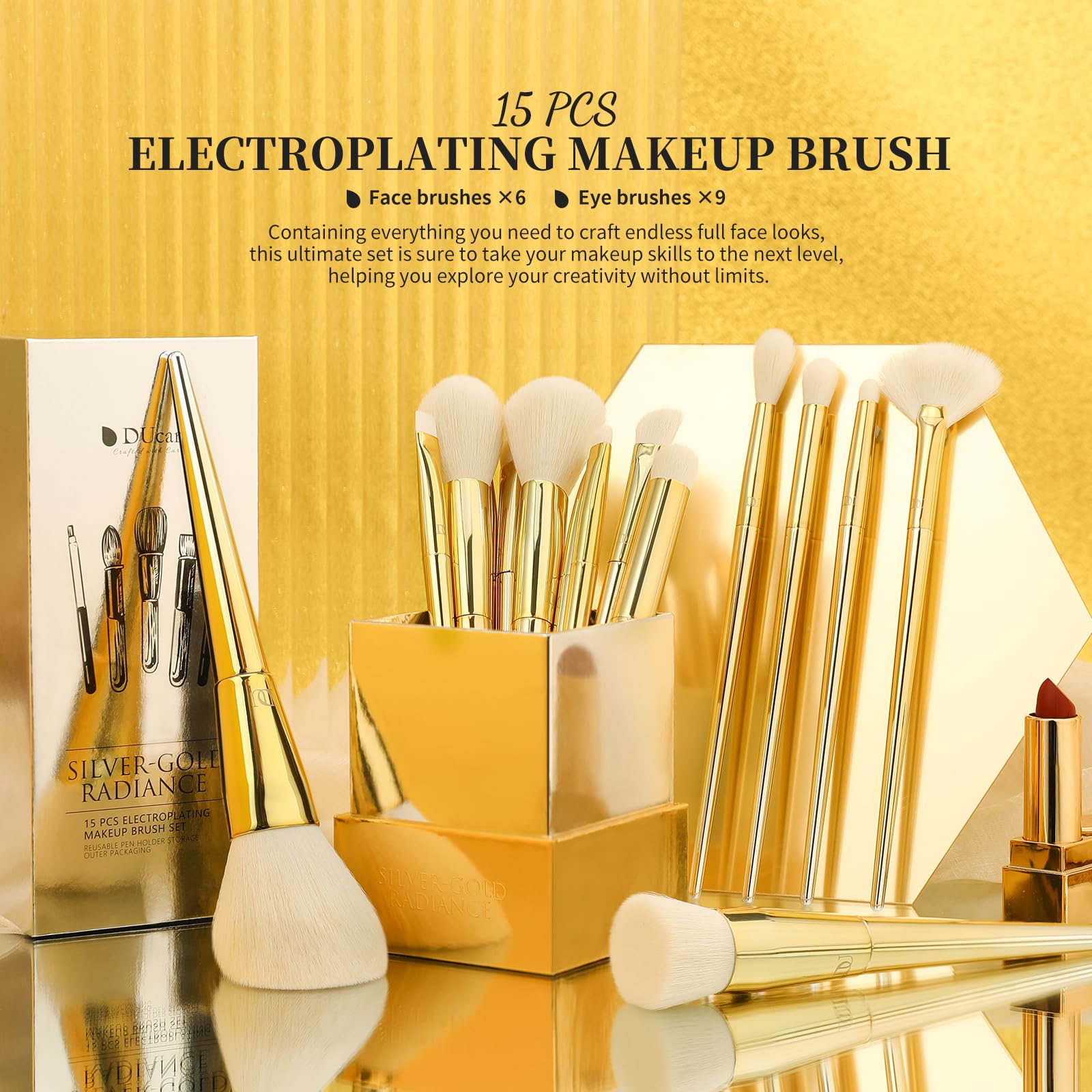 DUcare Set Pennelli Trucco 15 Pezzi Oro con Supporto