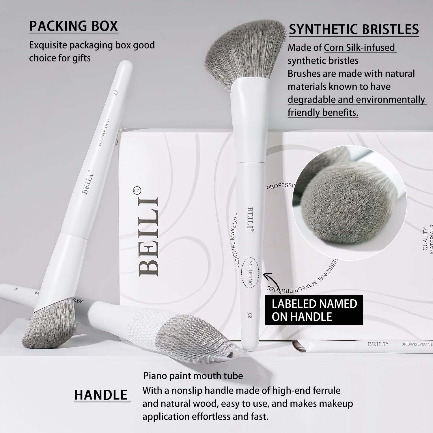 BEILI Set Pennelli Trucco 12 Pezzi Bianchi Vegani