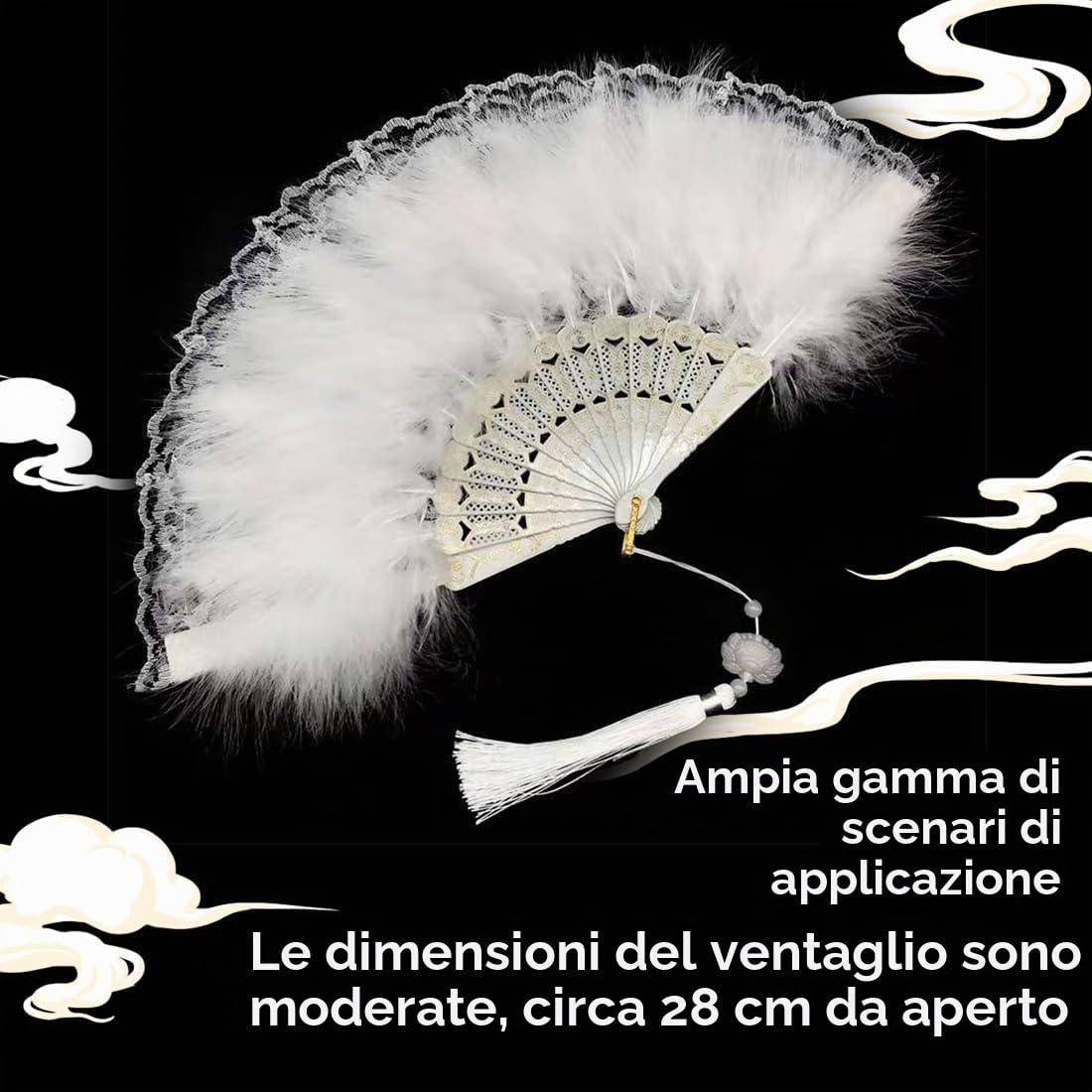 SJBAUTYO Ventaglio Piume Anni 20 pieghevole bianco