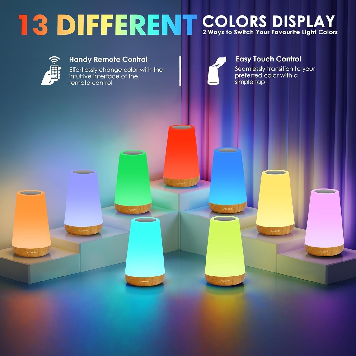 Auxmir Lampada da Comodino Touch Marrone LED RGB Ricaricabile