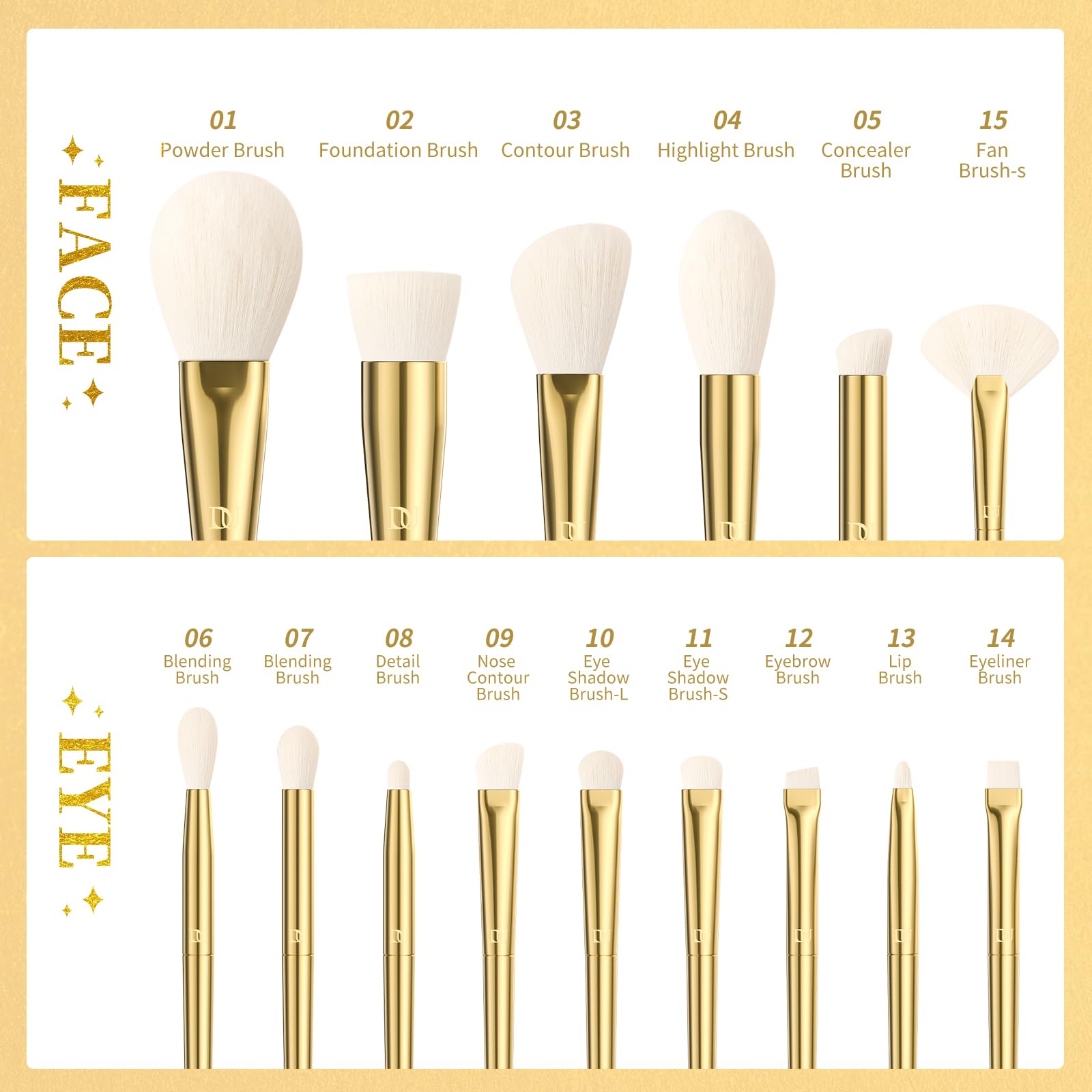 DUcare Set Pennelli Trucco 15 Pezzi Oro con Supporto