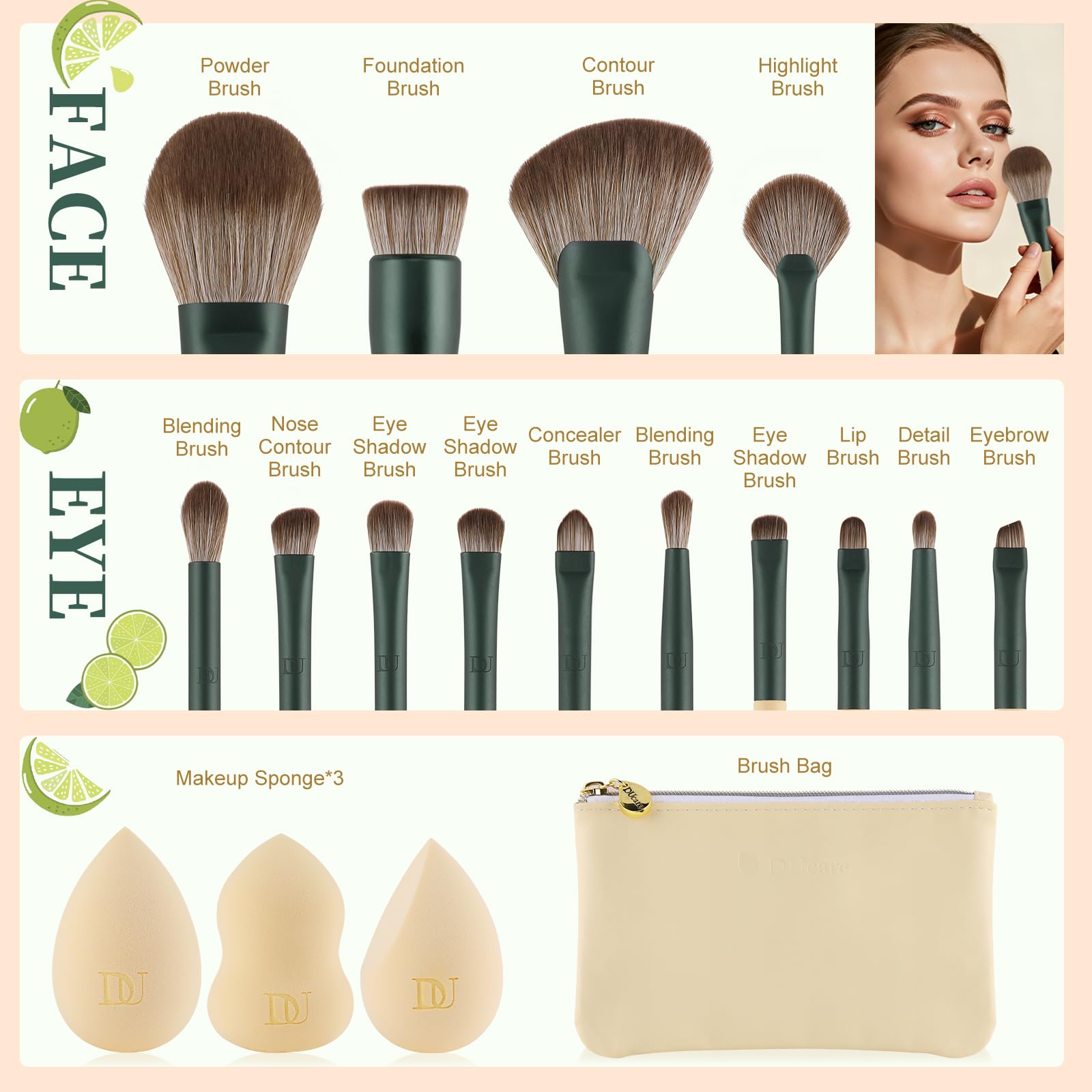 Ducare Lime Series Set Pennelli Trucco 14 Pezzi +3 Spugne