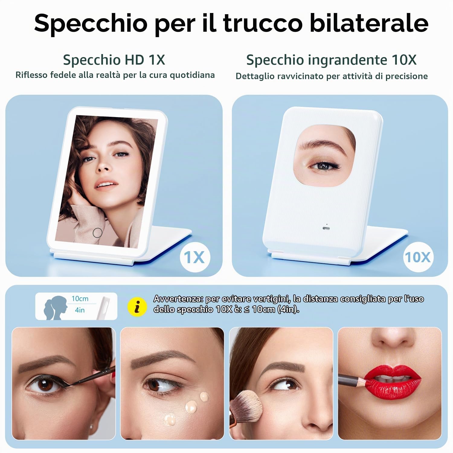 Auxmir specchio trucco con luci LED 10X pieghevole ricaricabile