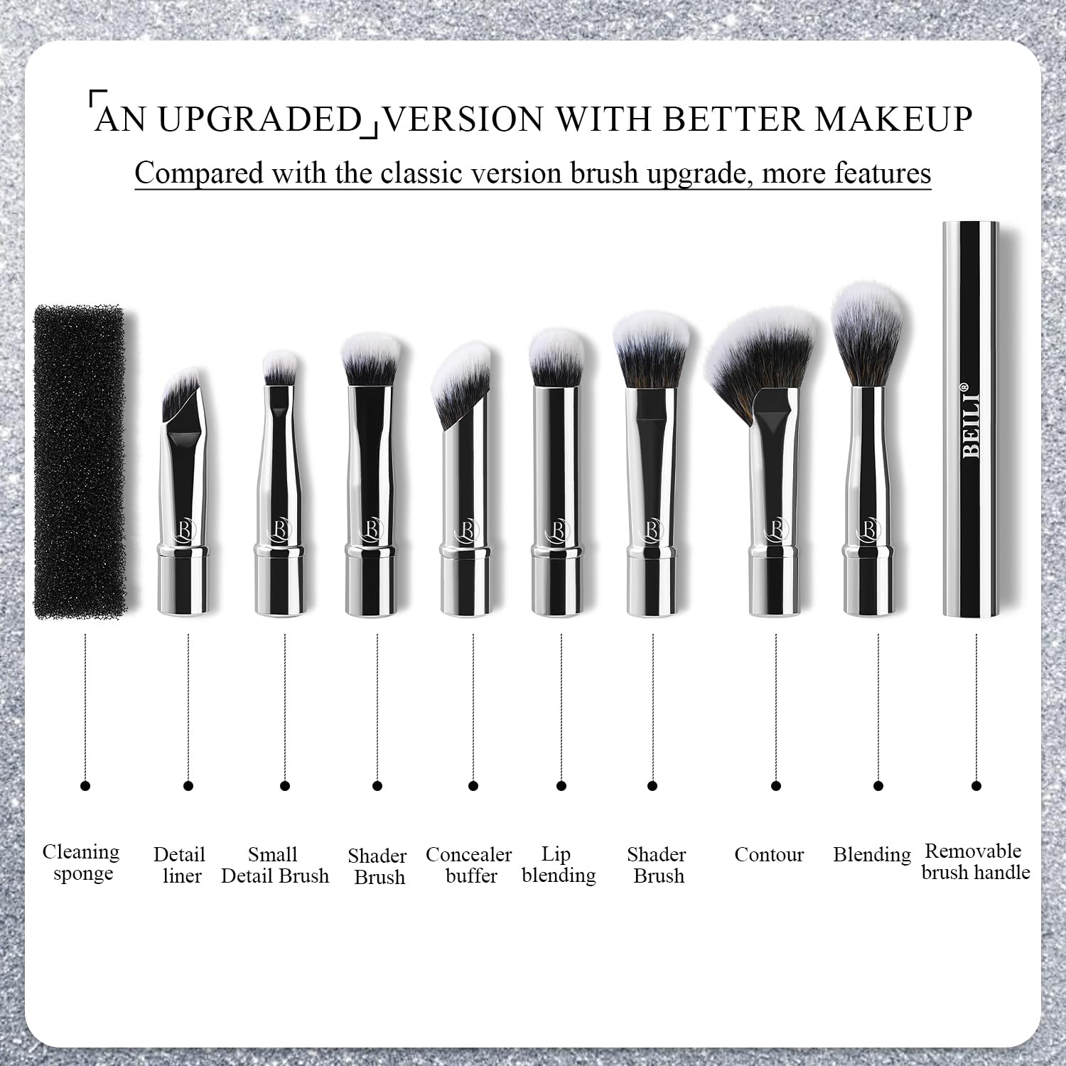 BEILI Set 8 Pennelli Trucco Viaggio Argento con Specchio