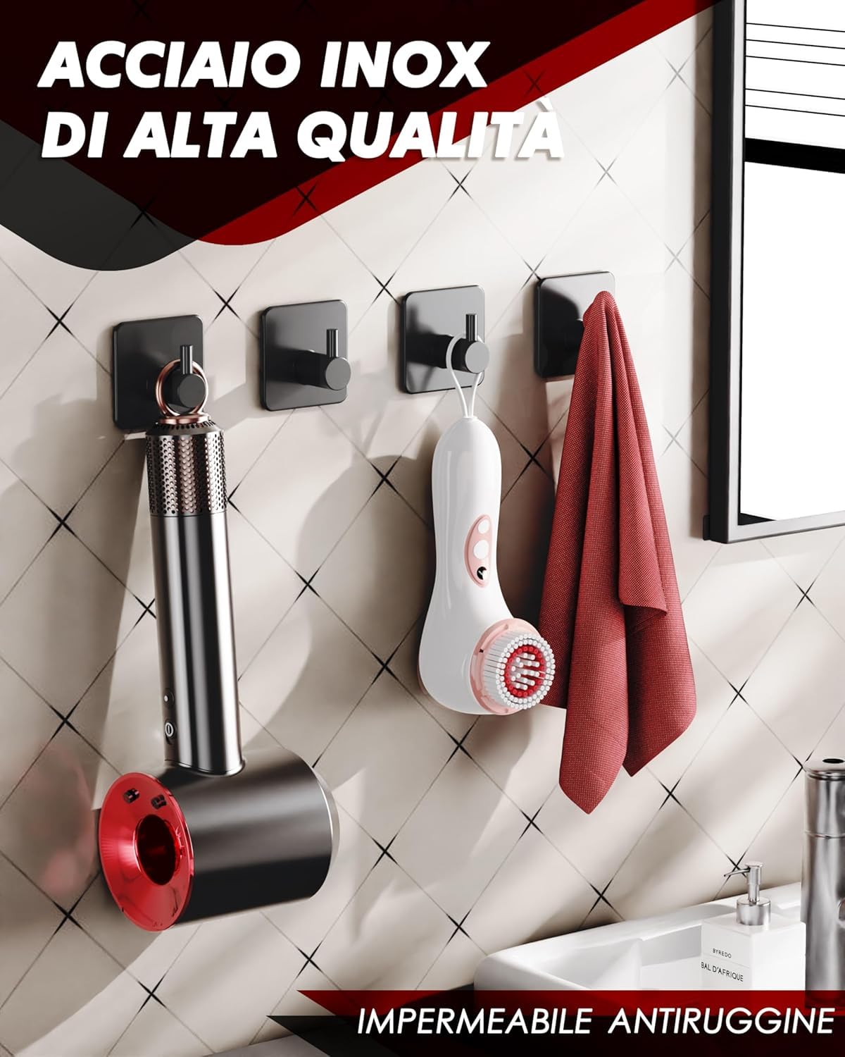 Auxmir Set 4 Ganci Adesivi acciaio inox neri 5kg
