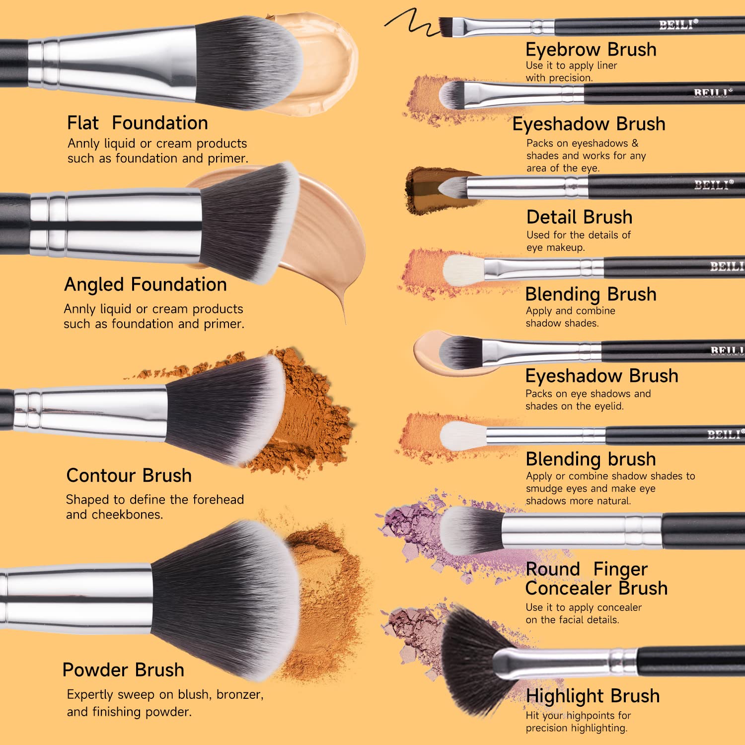 BEILI Set 12 Pennelli Trucco Sintetici con Custodia Neri