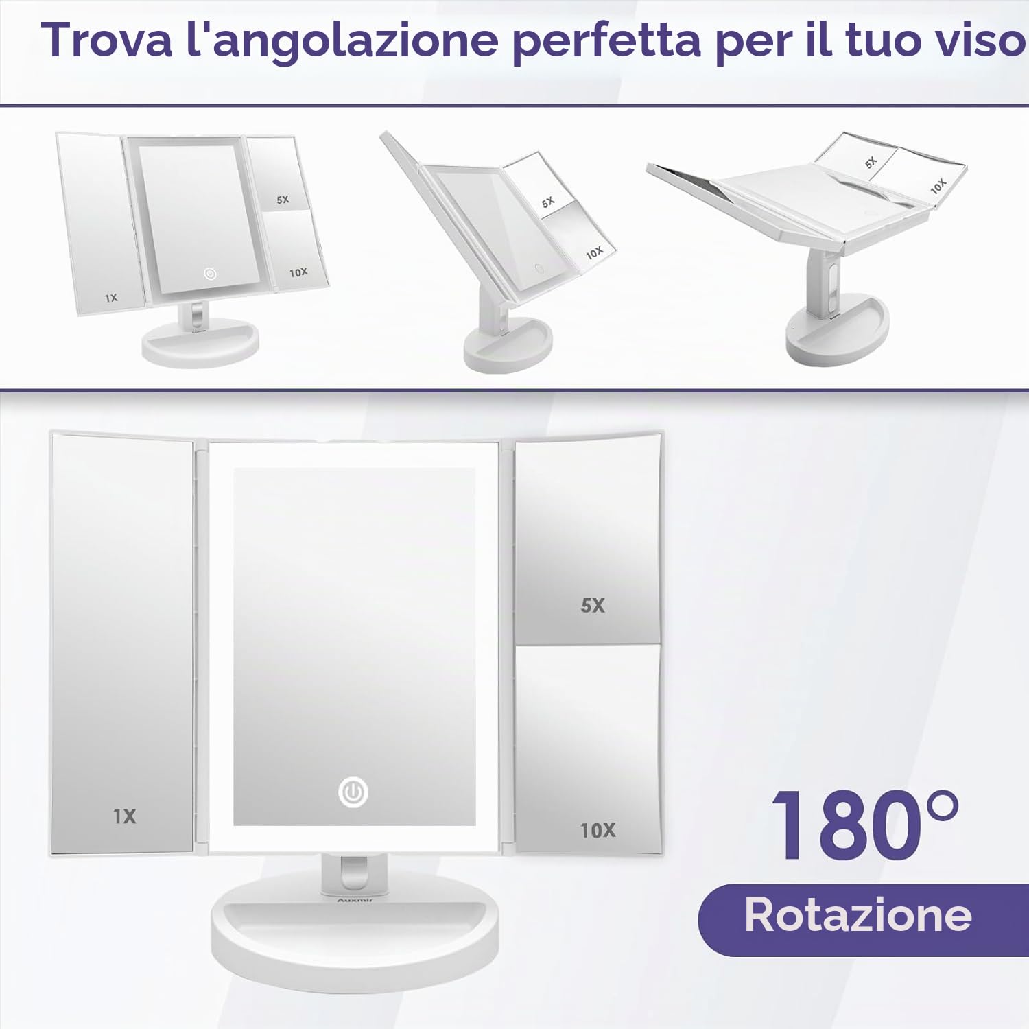 Auxmir Specchio Trucco con Luci 1X 5X 10X LED Tocco Stabile