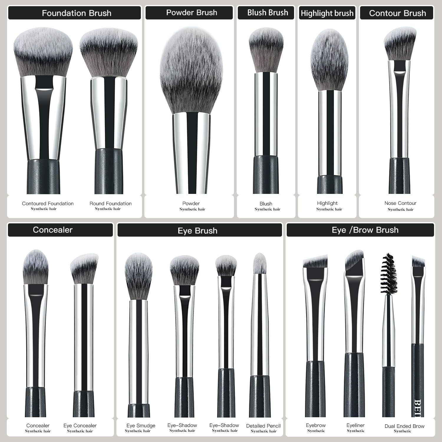 BEILI Set Pennelli Trucco 15 Pezzi Vegani Grigi