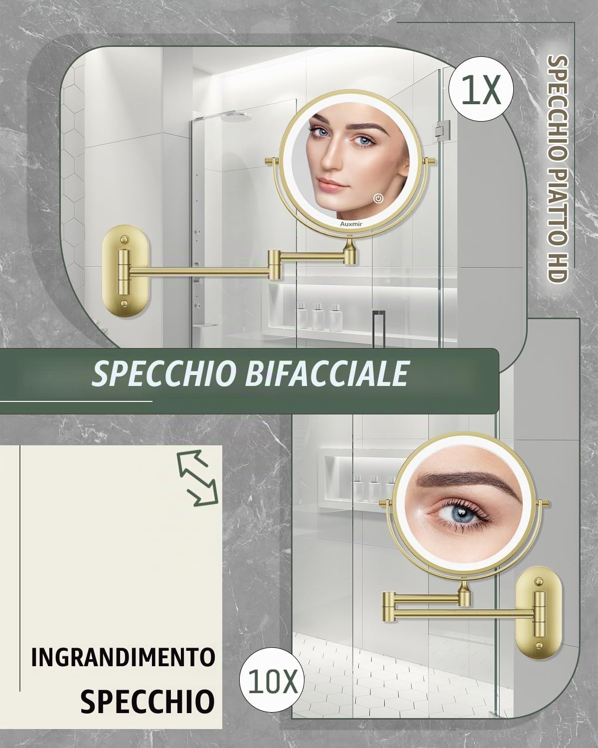 Auxmir Specchio Trucco Parete 10X Oro 54 LED Ricaricabile