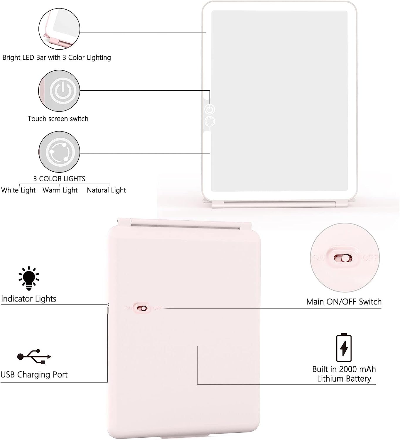 Weily Specchio Trucco Pieghevole 72 LED rosa ricaricabile touch