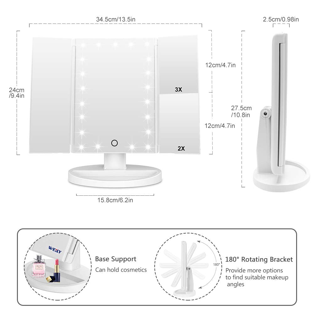WEILY Specchio Trucco Pieghevole con 21 LED 1X 2X 3X Bianco
