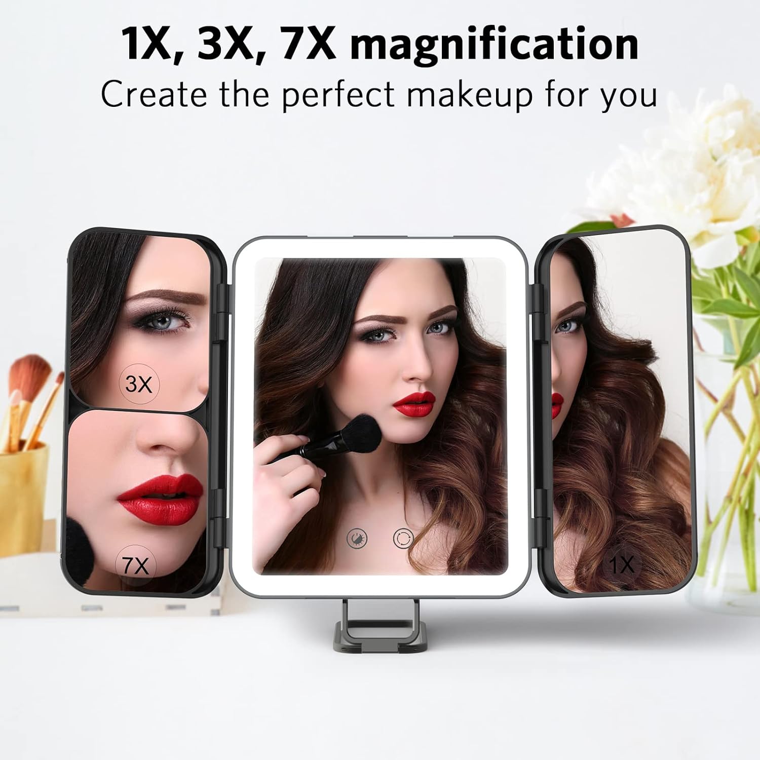 WEILY Specchio Trucco da Viaggio con Luci 1X 3X 7X Pieghevole