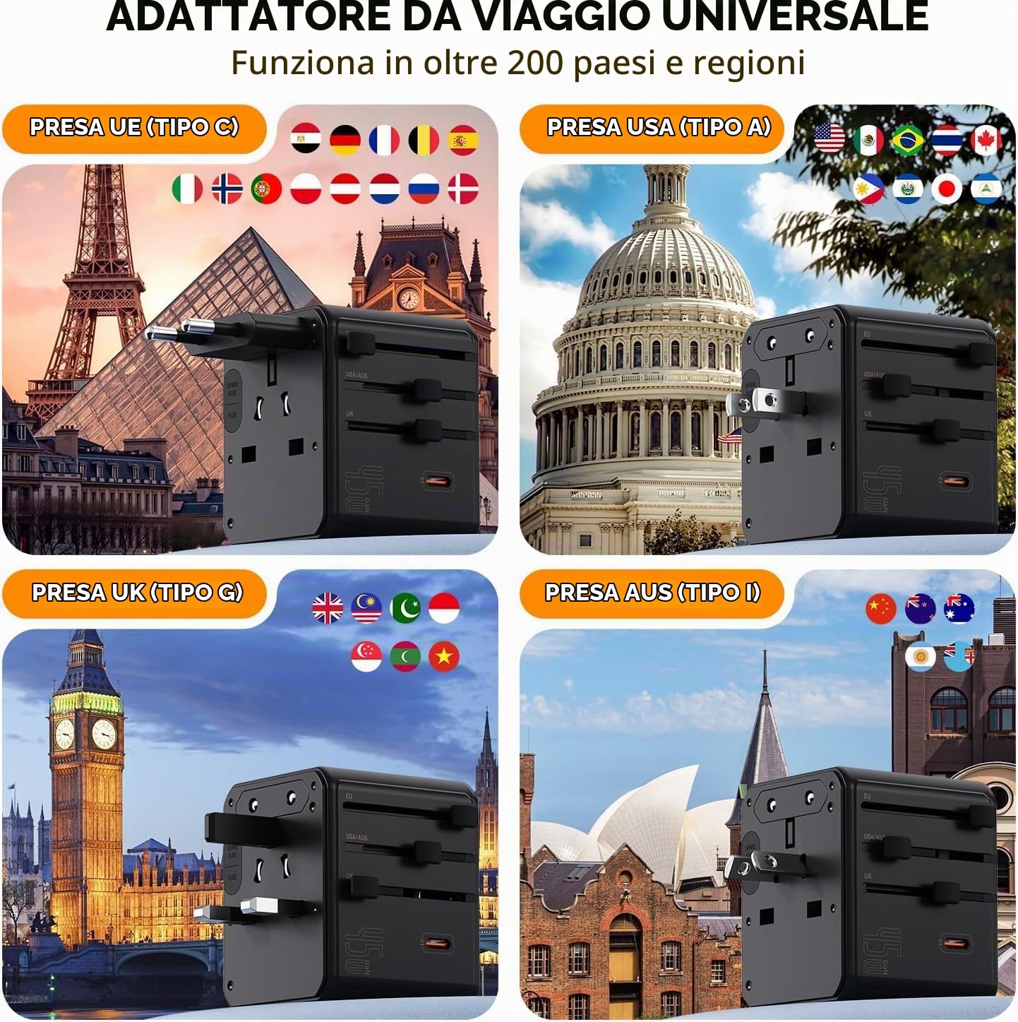 Auxmir Adattatore Viaggio Universale 45W Nero