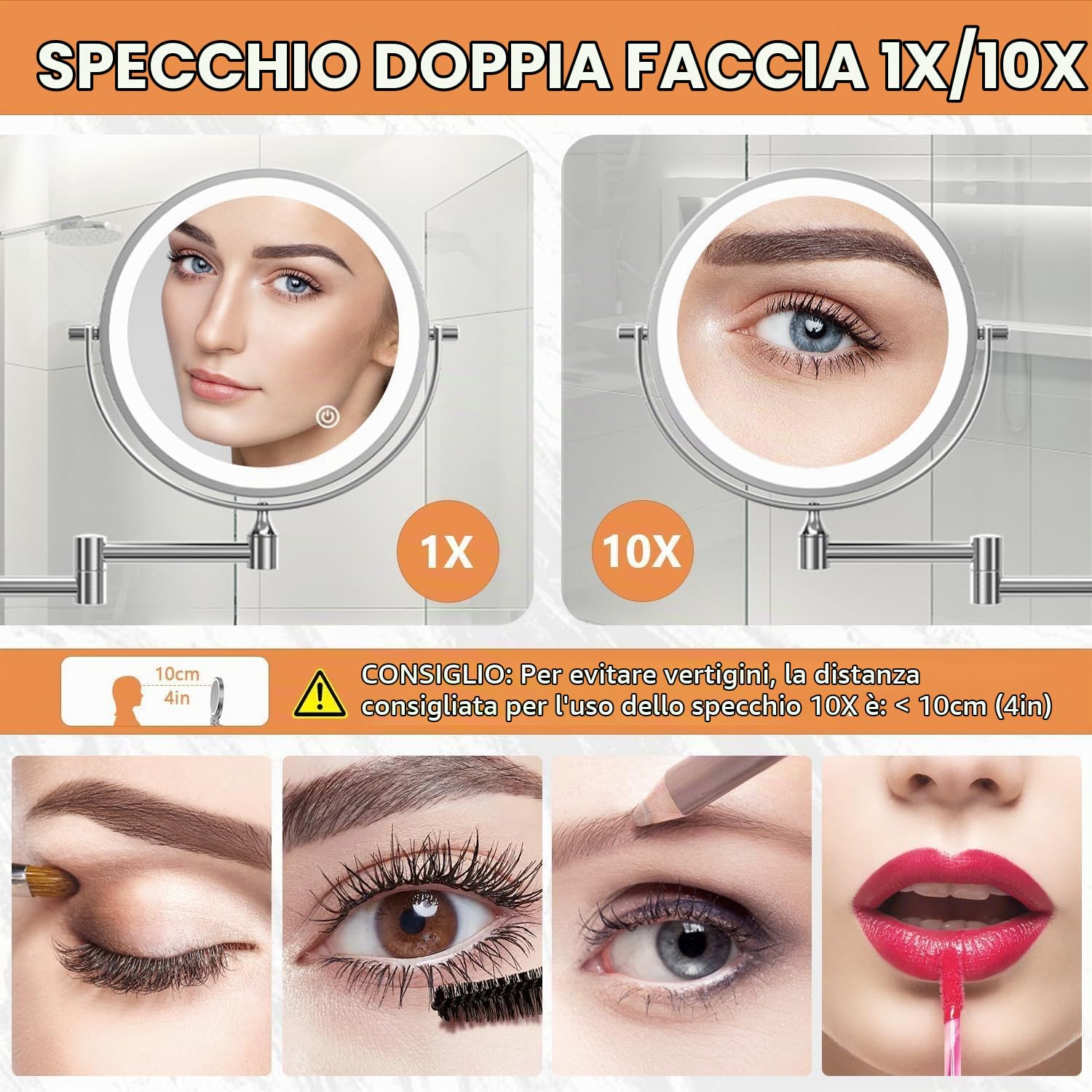 Auxmir Specchio Trucco 10X/1X Specchio da Parete 54 LED Estensibile
