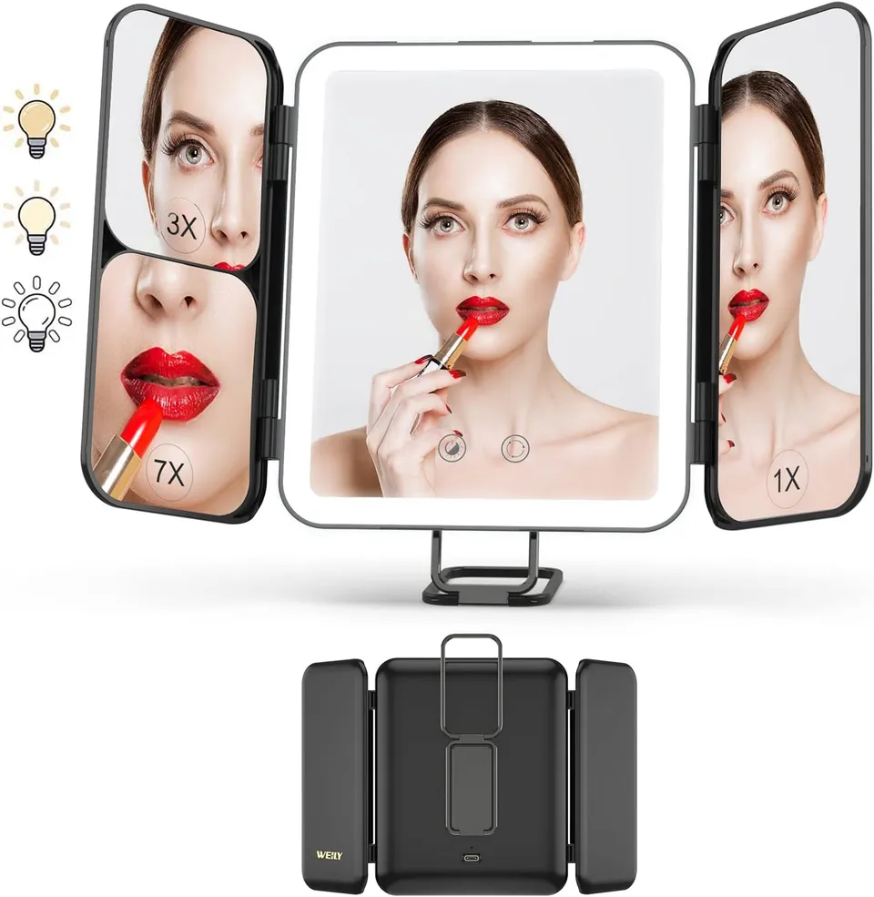 WEILY Specchio Trucco da Viaggio con Luci 1X 3X 7X Pieghevole