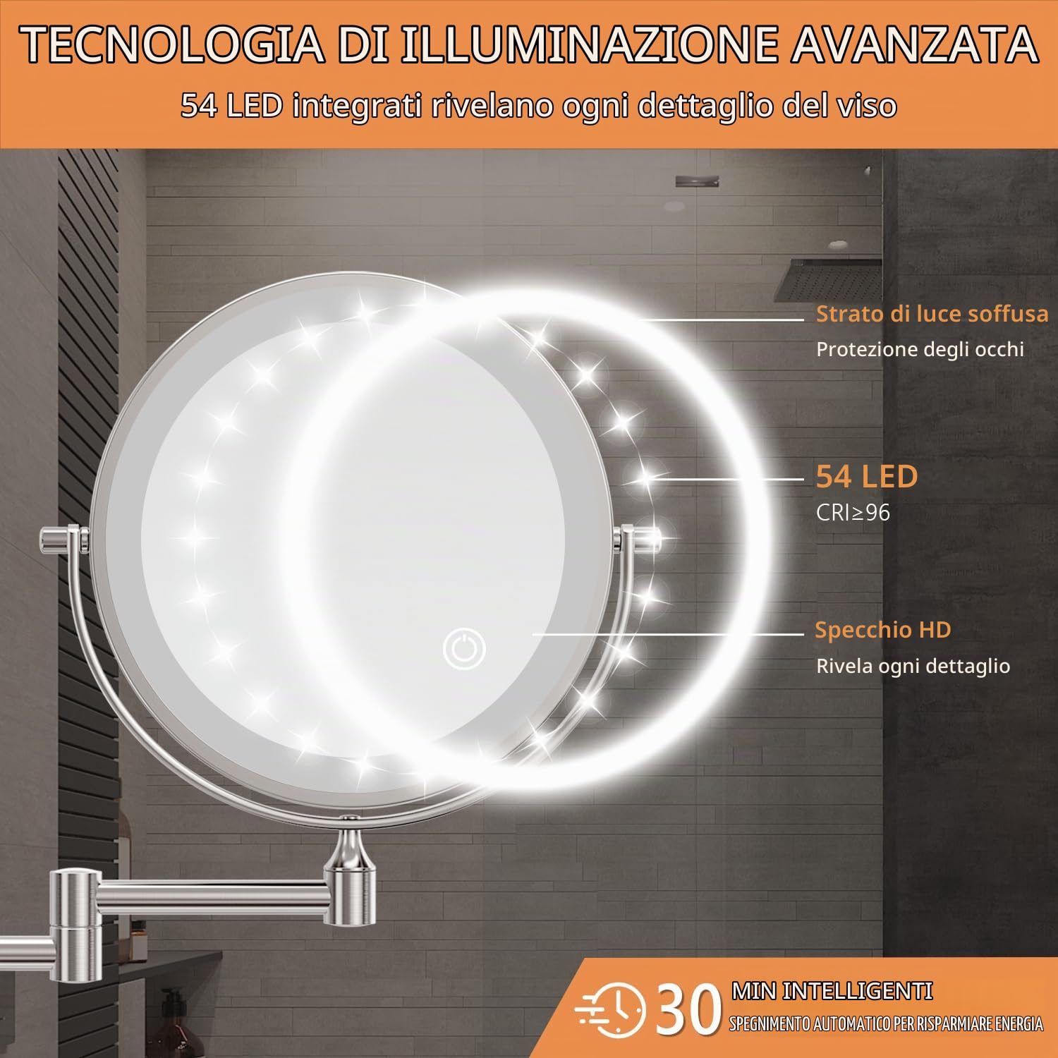 Auxmir Specchio Trucco 10X/1X Specchio da Parete 54 LED Estensibile