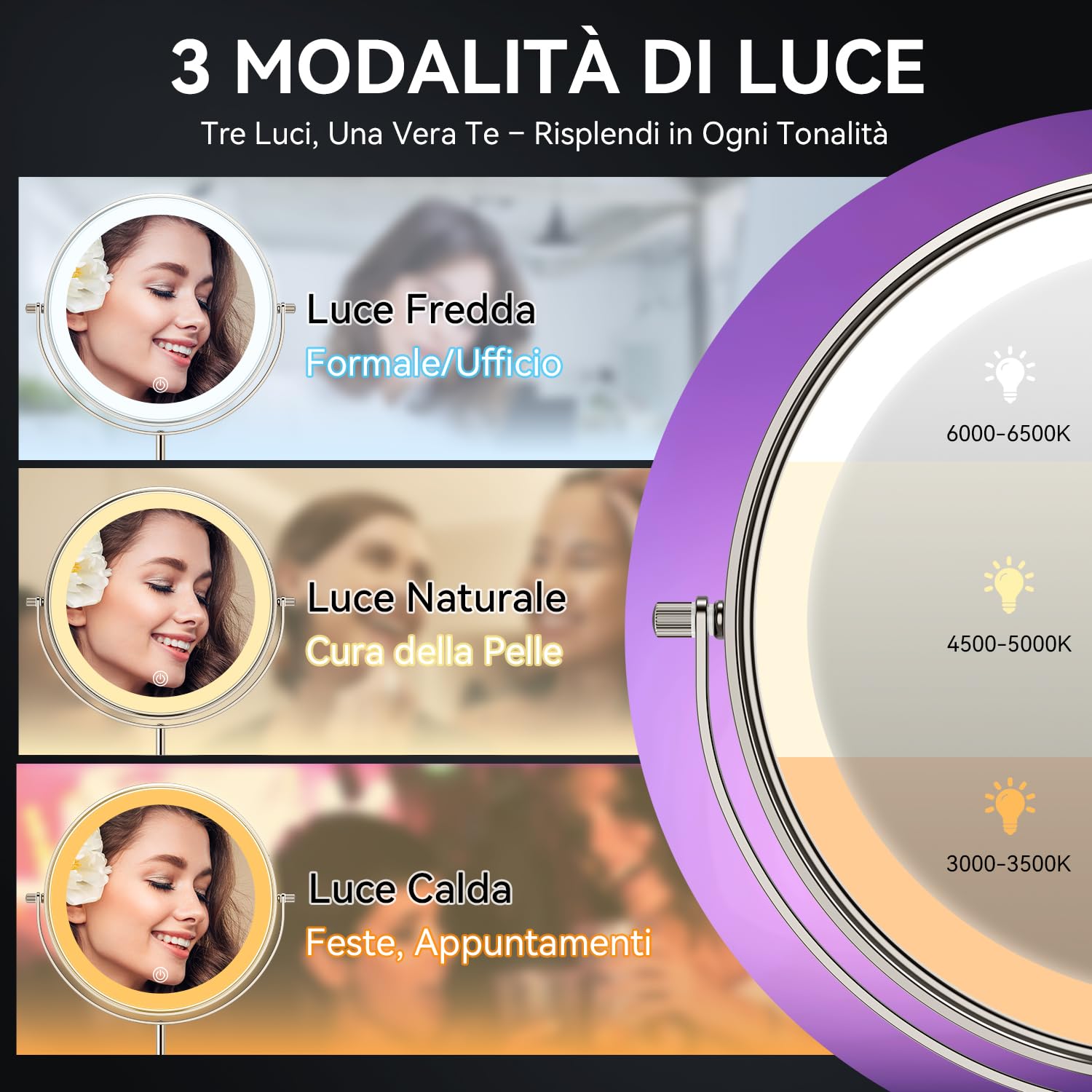Auxmir Specchio Trucco con Luci 30X Nichel Altezza Regolabile