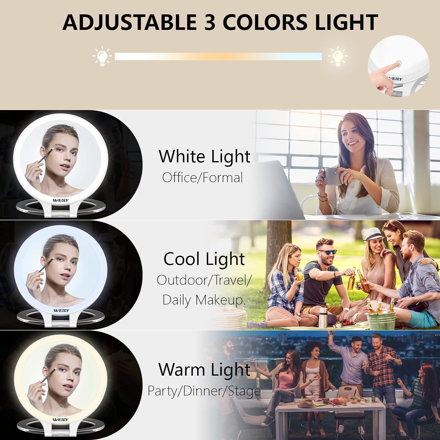 WEILY Specchio Trucco 10X/1X con Luci LED Doppio Lato Bianco