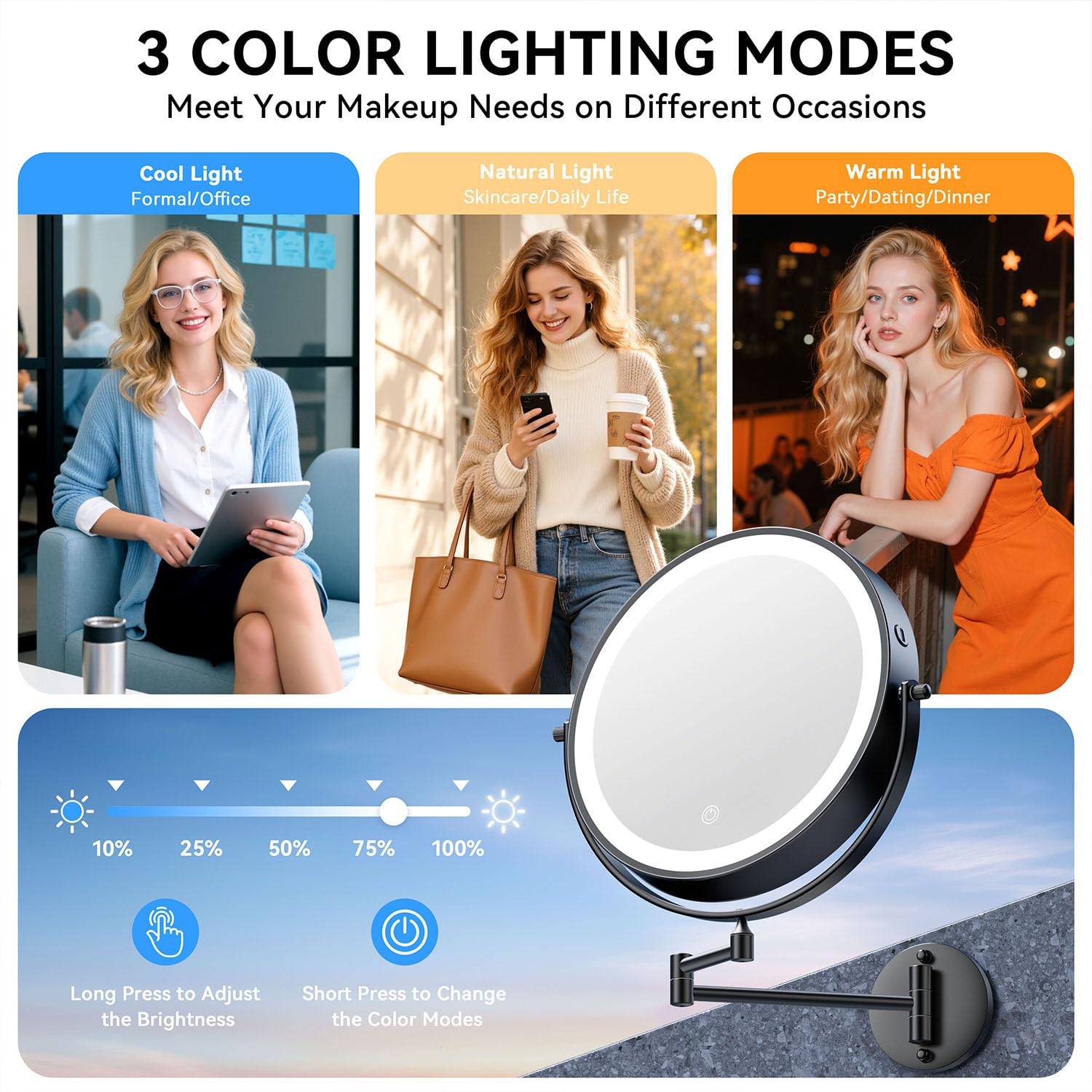 Auxmir Specchio Trucco 30X/1X Specchio da Parete Nero 25 cm LED