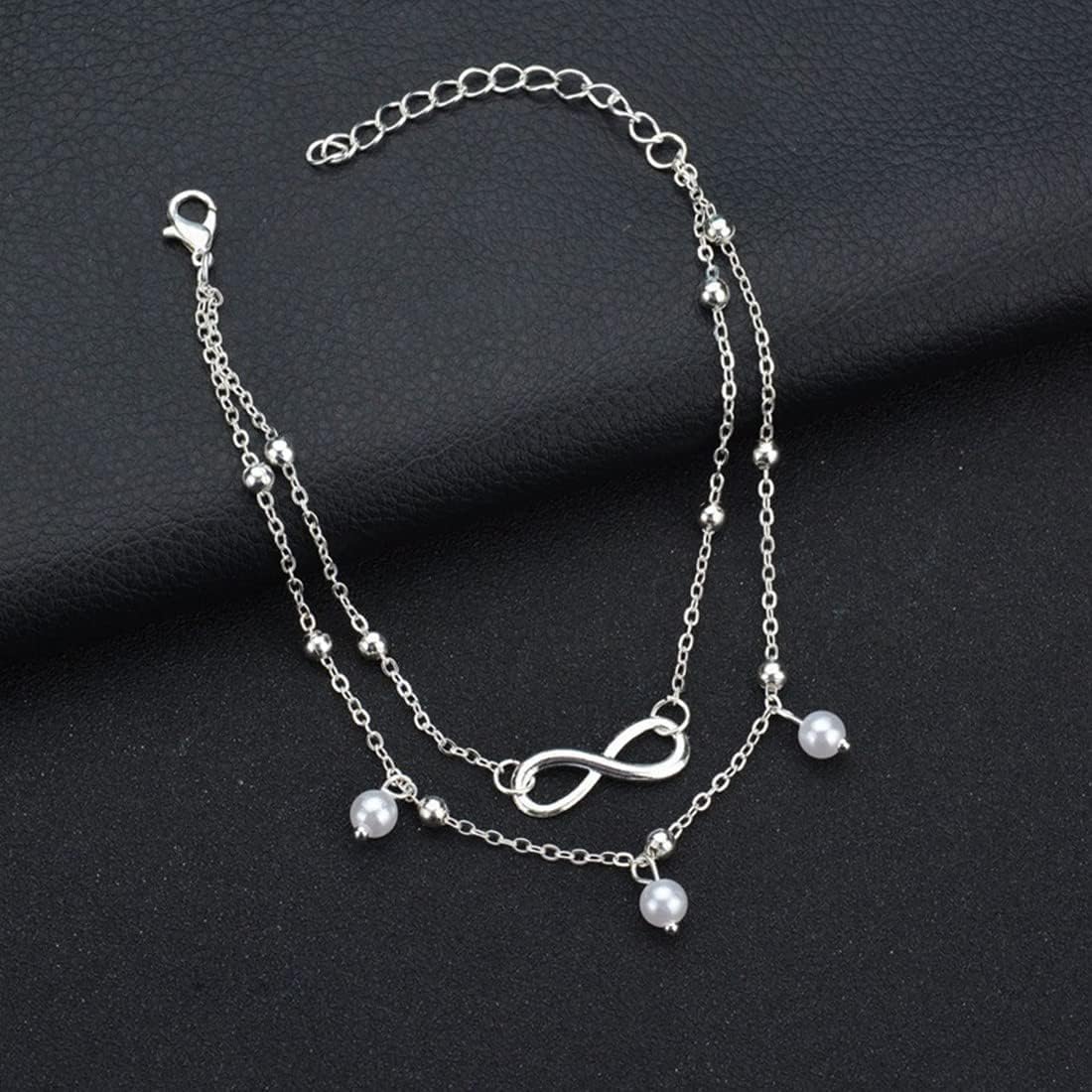SJBAUTYO Cavigliera Doppia Perle Argento Regolabile