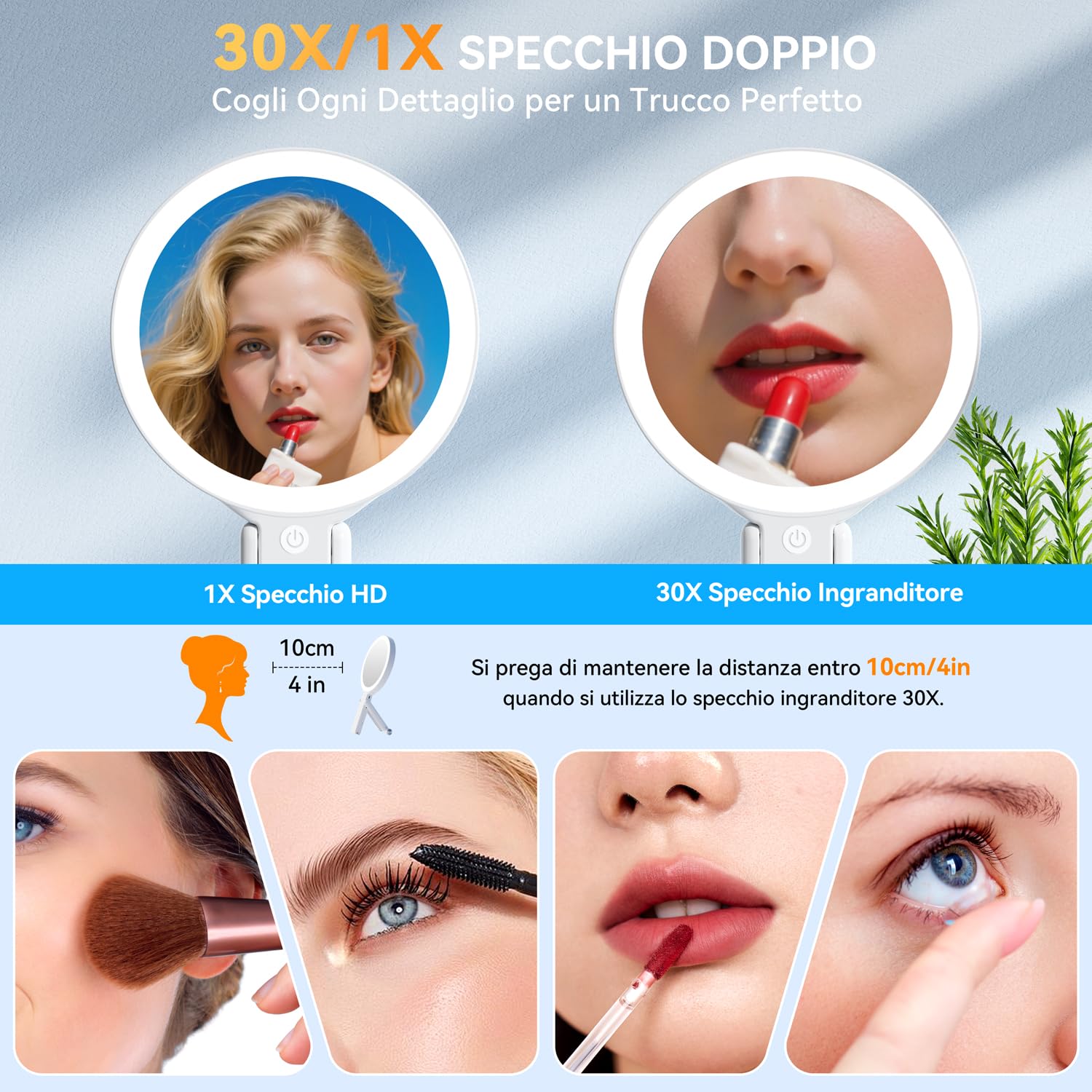 Auxmir Specchio Trucco LED 30X/1X Bianco Pieghevole