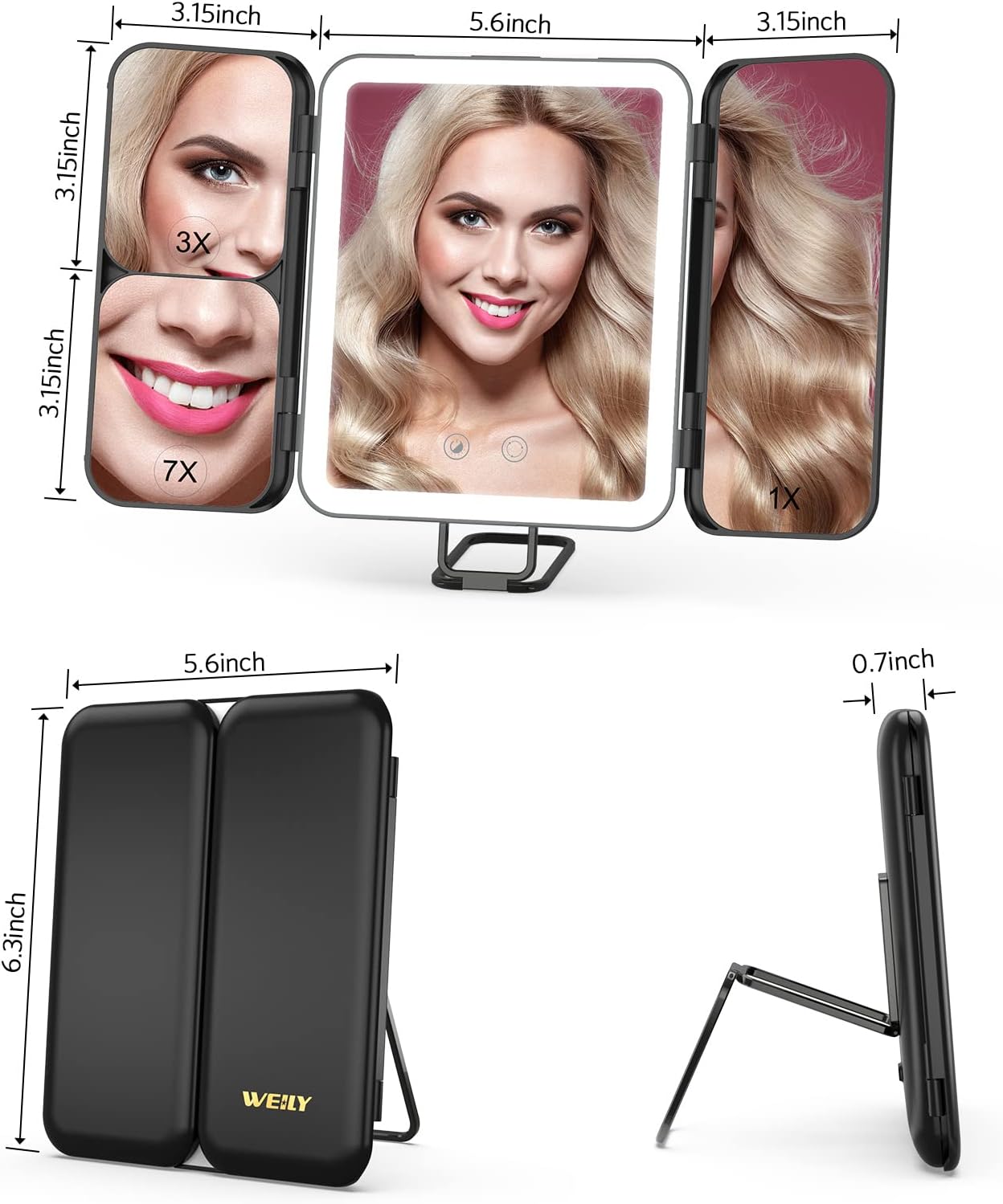WEILY Specchio Trucco da Viaggio con Luci 1X 3X 7X Pieghevole