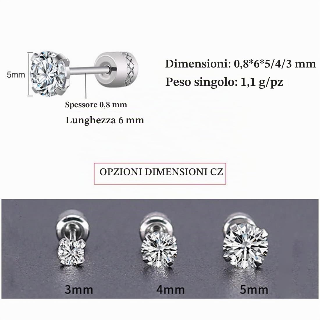 SJBAUTYO Orecchini Punto Luce 3 Paia 3-5 mm Anallergici