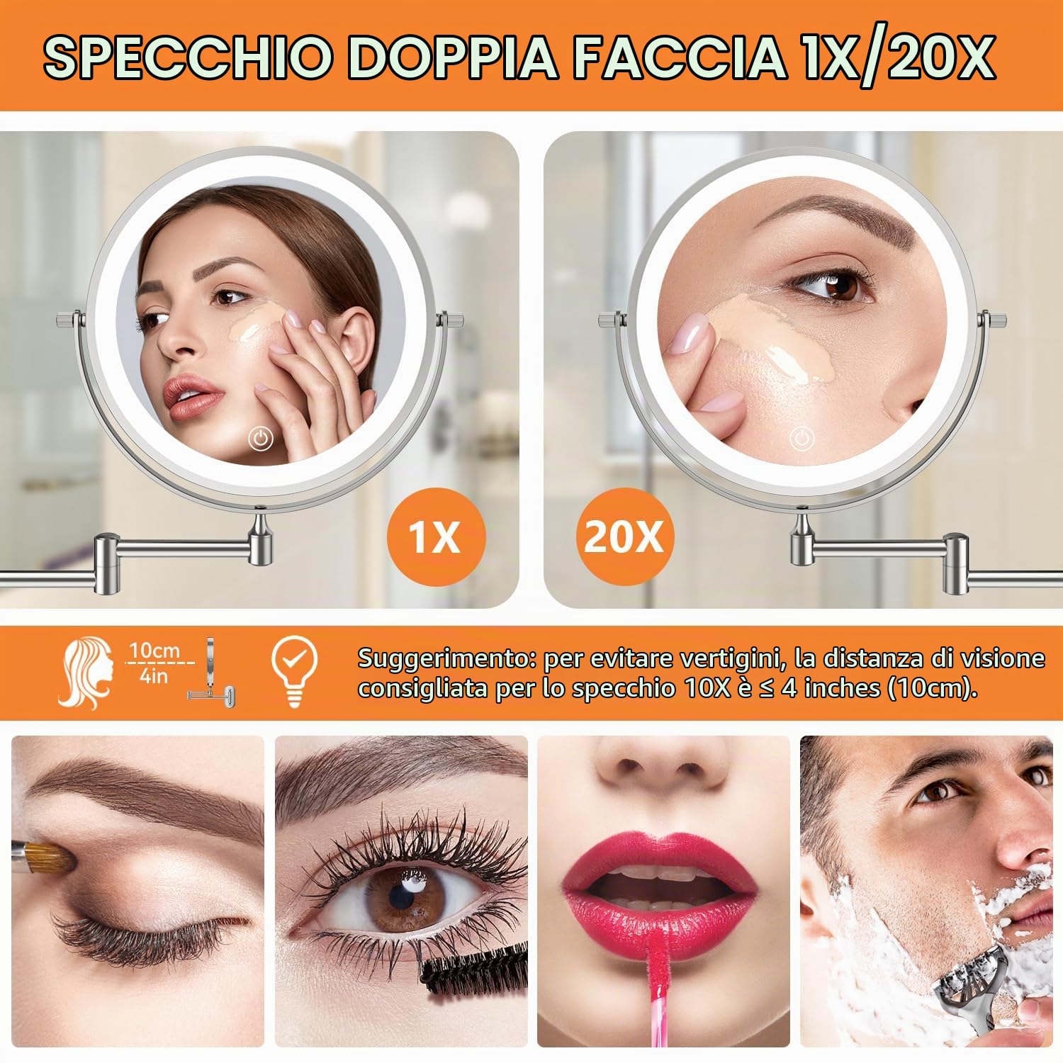 Auxmir 20X/1X specchio trucco parete argento LED