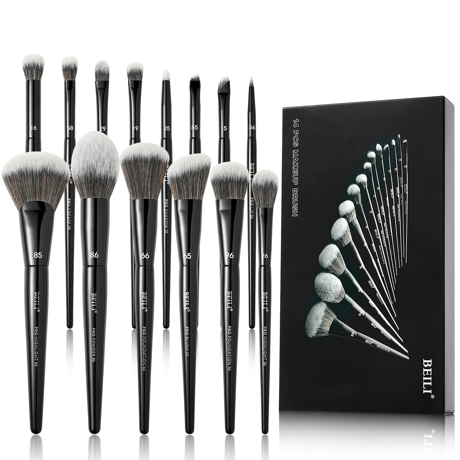 BEILI Set 14 Pennelli Trucco Vegani Neri Viso e Occhi