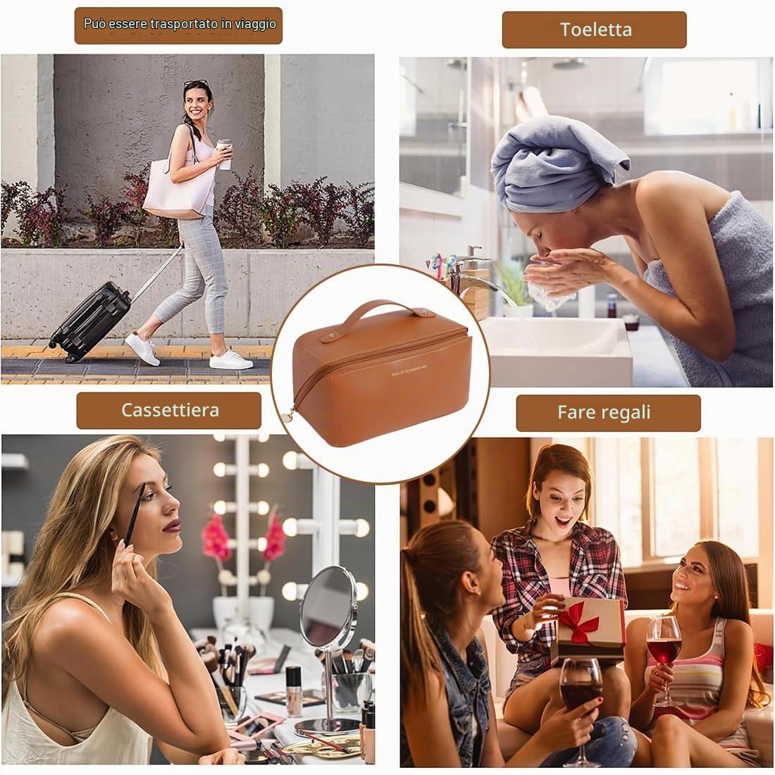 SJBAUTYO Essentials Borsa Cosmetica Marrone Pelle PU
