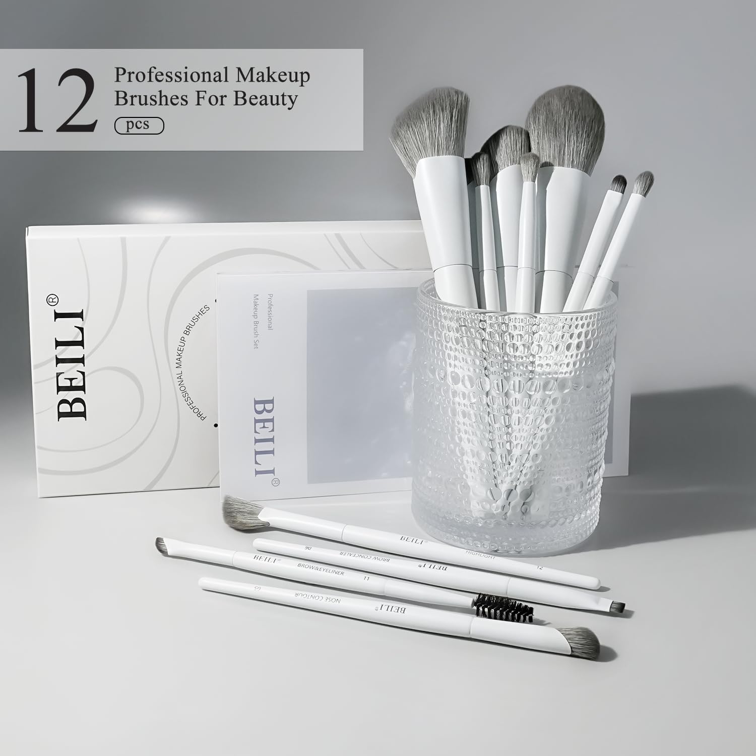 BEILI Set Pennelli Trucco 12 Pezzi Bianchi Vegani
