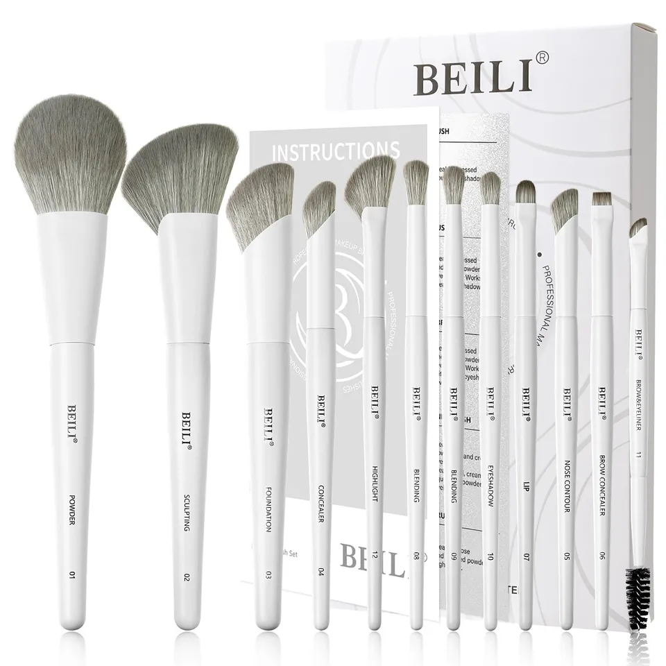 BEILI Set Pennelli Trucco 12 Pezzi Bianchi Vegani