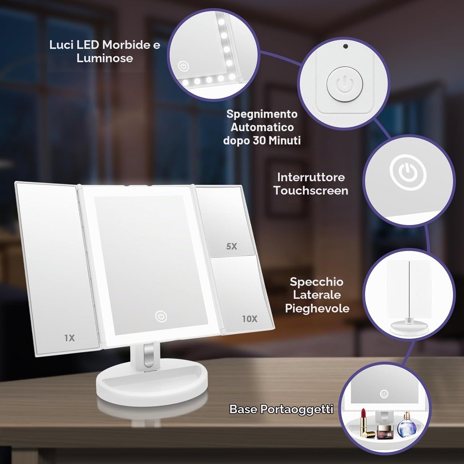 Auxmir Specchio Trucco con Luci 1X 5X 10X LED Tocco Stabile
