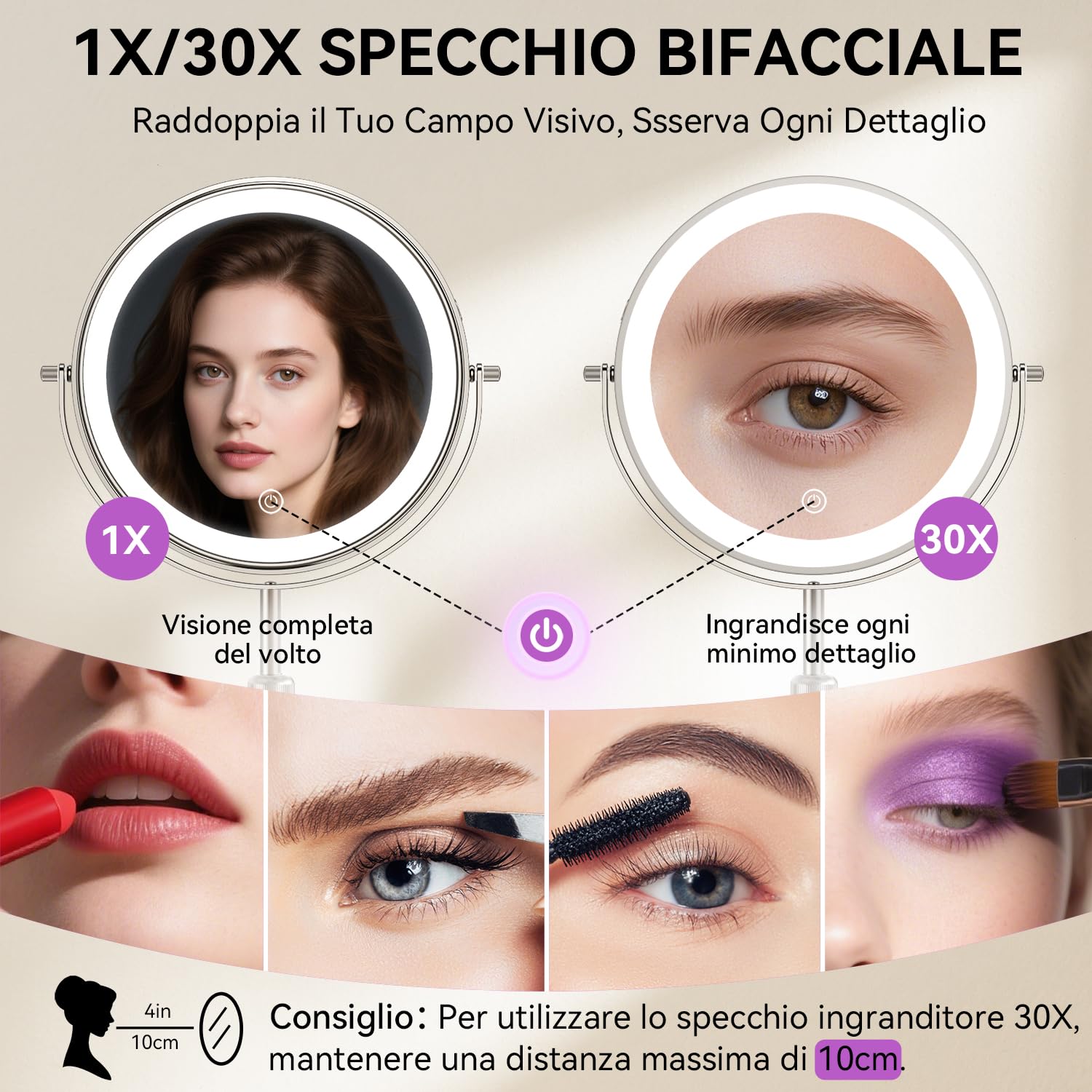 Auxmir Specchio Trucco con Luci 30X Nichel Altezza Regolabile