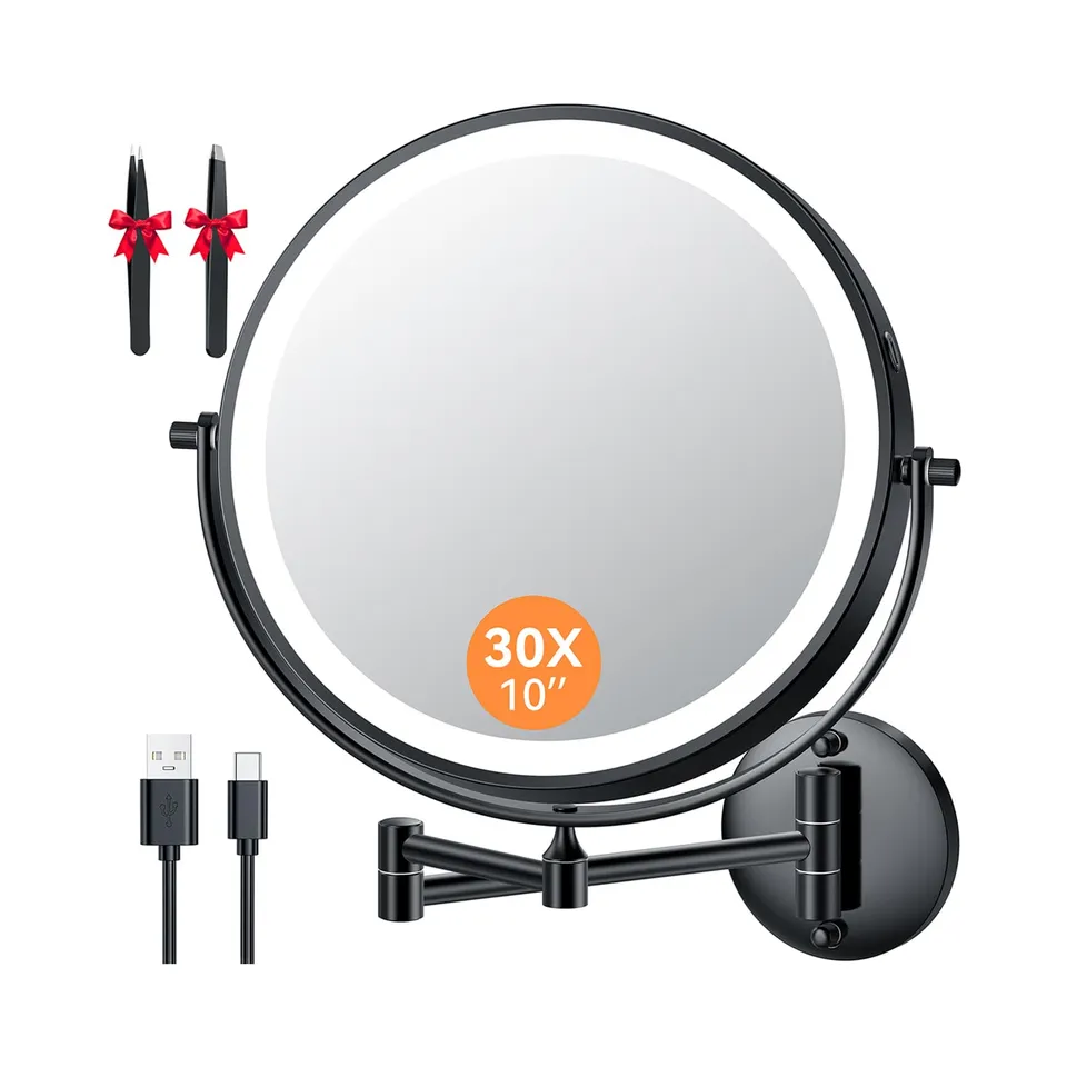 Auxmir Specchio Trucco 30X/1X Specchio da Parete Nero 25 cm LED