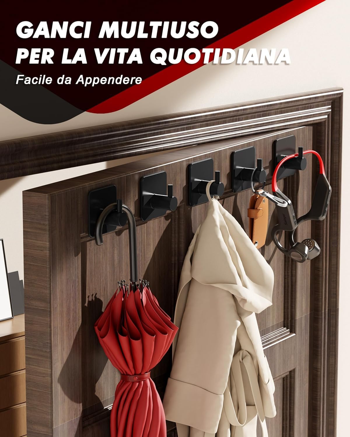 Auxmir Set 4 Ganci Adesivi acciaio inox neri 5kg