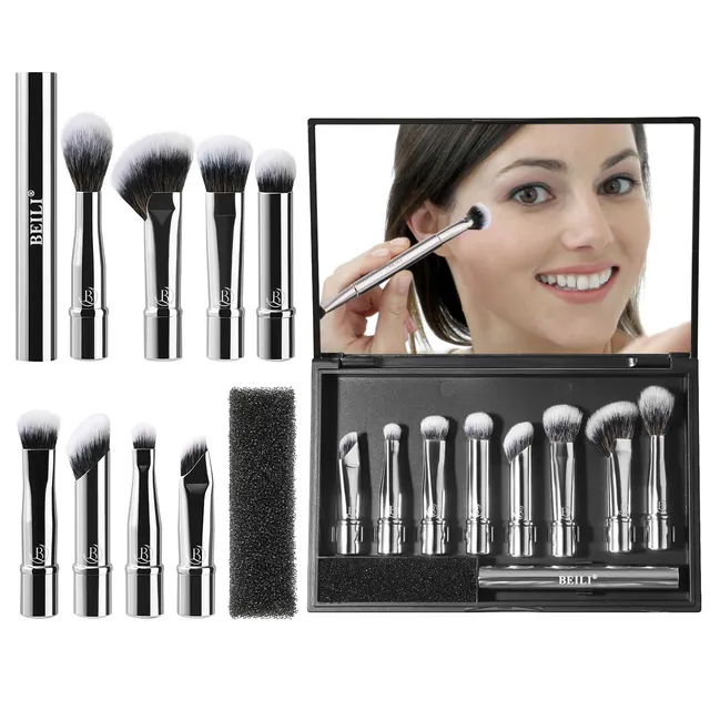 BEILI Set 8 Pennelli Trucco Viaggio Argento con Specchio