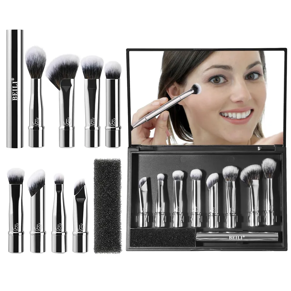 BEILI Set 8 Pennelli Trucco Viaggio Argento con Specchio