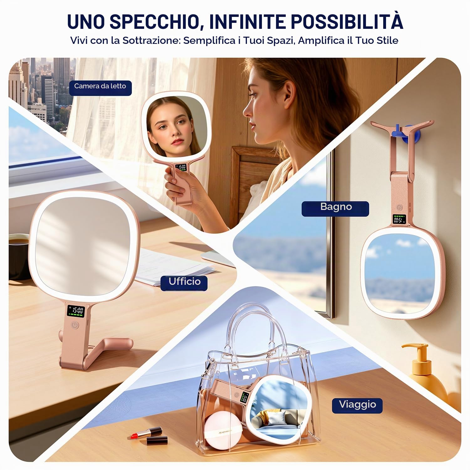 Auxmir Specchio Trucco LED 30X/1X Oro Rosa Ricaricabile