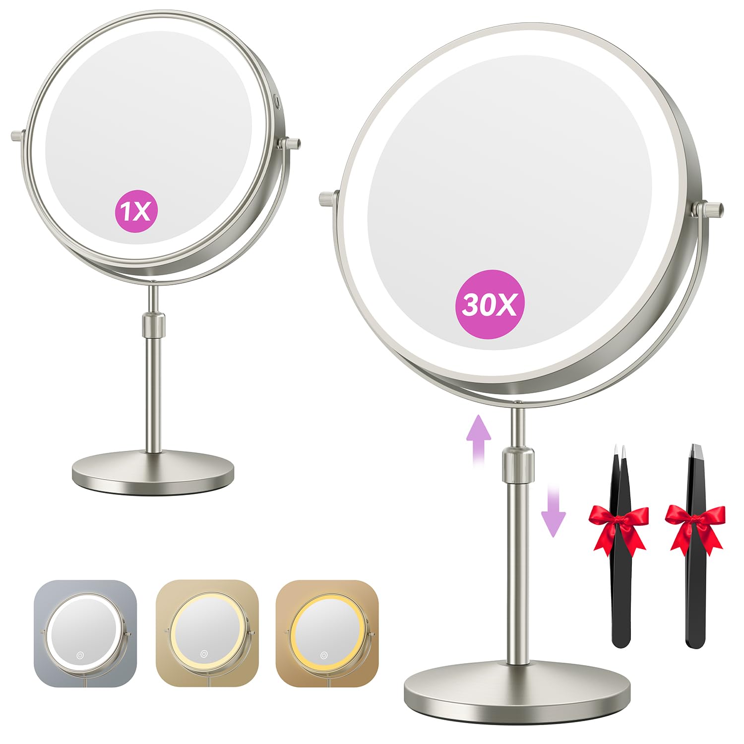 Auxmir Specchio Trucco con Luci 30X Nichel Altezza Regolabile