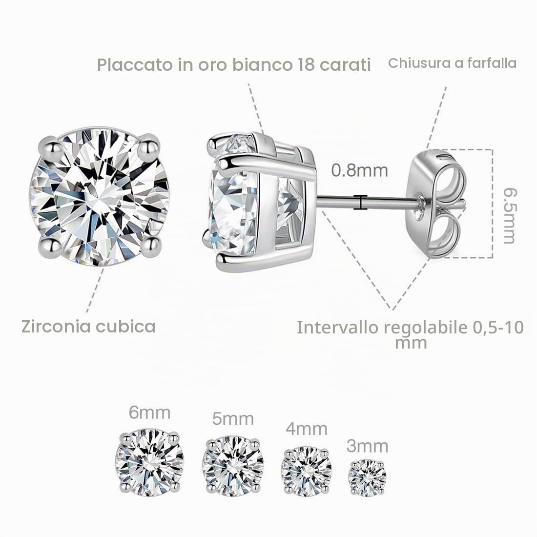 SJBAUTYO orecchini punto luce argento zirconia 4 paia 3-6mm